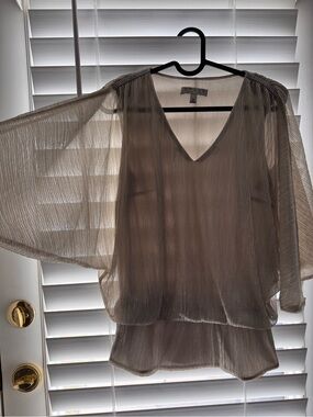 Chaus Taupe Sheer Pleated V-Neck Blouson Top